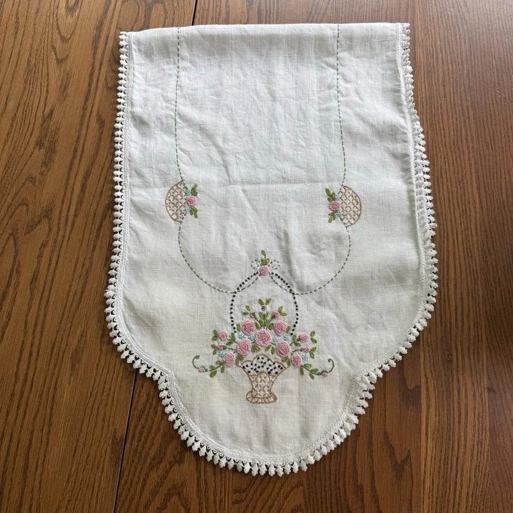 Vtg Embroidered Crochet Dresser Scarf Table Runner Flower Basket 39